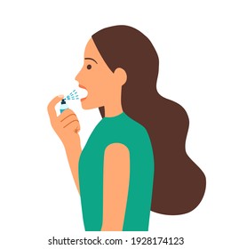 Woman using mouth spray for fresh breathing or sore throat infection treatment in flat design on white background.