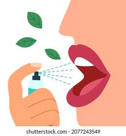 Woman Using Mouth Spray For Fresh Breathing Or Sore Throat Infection Treatment In Flat Design On White Background.