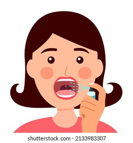 Woman using mouth spray for fresh breathing or sore throat infection treatment in flat design on white background.
