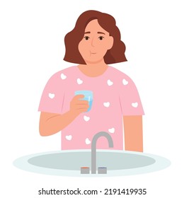 Woman using mouthwash for fresh breath and plaque prevention. Rinsing ,gargling mouth. Daily oral hygiene routine. Vector illustration isolated on white background