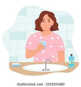 Woman using mouthwash for fresh breath and plaque prevention. Rinsing ,gargling mouth. Daily oral hygiene routine. Vector illustration isolated on white background