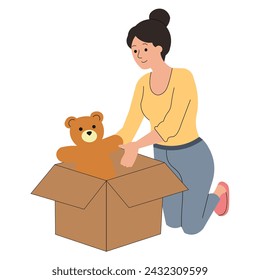 Woman using a moving box to store a childhood teddy bear, squatting in her attic, casually dressed at home, vector illustrative drawing