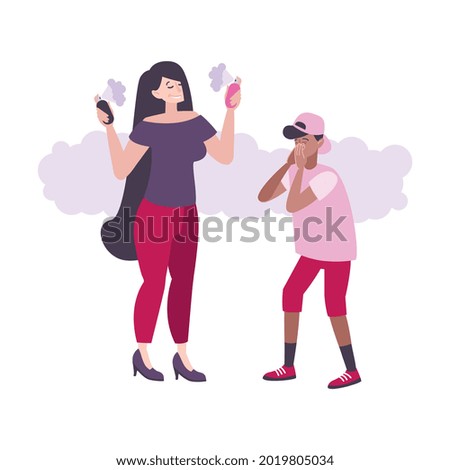 Woman using too much perfume and boy cannot bear smell flat vector illustration