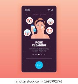 woman using napkin cleaning pore facial cleansing procedure on clogged face skin care treatment concept portrait smartphone screen mobile app copy space vector illustration