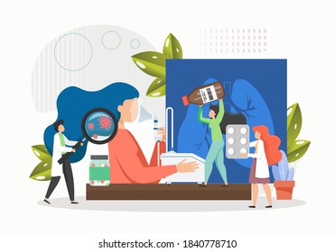 Woman Using Nebulizer, Flat Vector Illustration. Nebulizer Medical Device For Treatment Asthma, Pneumonia, Diseases Caused By Viruses And Infections. Inhalation Therapy.