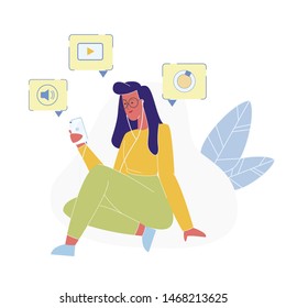 Woman Using New Mobile Phone Flat Illustration. Social Media Networks User, Internet Blogger Wearing Earphones Female Cartoon Vector Character. Music Player Buttons, Smartphone App Icons