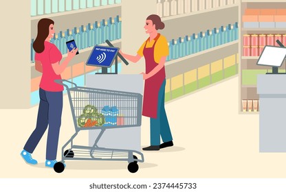 Woman using NFC technology to pay for her shopping at the supermarket. It conveys the ease and speed of cashless transactions in today's digital age