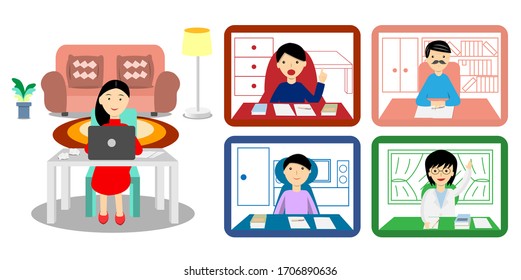 woman using notebook for video conference with workmates. All of them working from home vector.