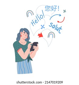 Woman using online language translator or learning app, flat vector illustration isolated on white background. Multilingual communication using translate app on smartphone.