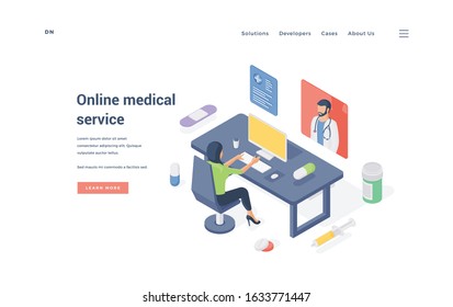 Woman using online medical service. Lady sitting at desk and consulting with doctor on computer on vector banner of online medical service website. Isometric vector illustration