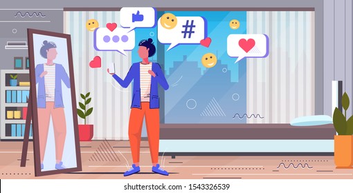 woman using online mobile app social media network chat bubble communication digital addiction concept modern living room interior sketch full length horizontal vector illustration