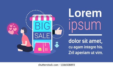 woman using online mobile application internet shopping big sale concept smartphone screen shop app credit card payments transaction flat horizontal copy space vector illustration