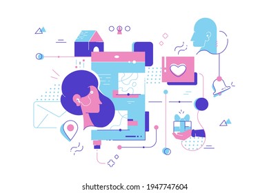 Woman using online store with gift and device. Concept female character modern shop interface with web app, mobile phone, monitor, digital map. Vector illustration.