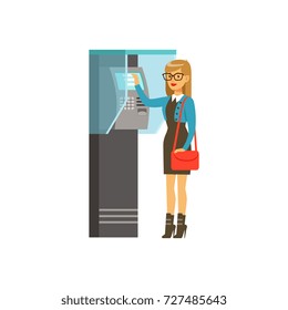 Woman using outdoor Information terminal, people carrying out operations with terminal vector Illustration