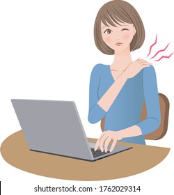 A Woman Using A Personal Computer With Stiff Shoulder Problems.
