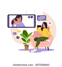 Woman using phone for collective virtual meeting and group video conference. Woman chatting with friends online. Video conference, remote work, technology concept.