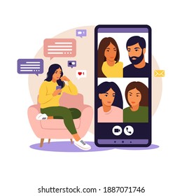 Woman using phone for collective virtual meeting and group video conference. Woman chatting with friends online. Video conference, remote work, technology concept.