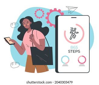 Woman Using Phone For Counting Steps. Step Mobile Phone App Counter Pedometer Activity Heart Rate Monitoring. Vector Flat Graphic Design Cartoon Midern Style Illustration