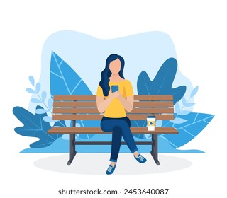 Woman using phone sitting on the bench in nature with crossed legs. Freelance or studying concept. web page design template for online education, training. Vector illustration in flat style