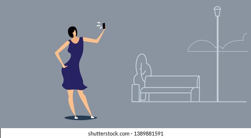 woman using phone taking selfie on smartphone camera casual girl walking outdoor urban city park social media network communication concept sketch doodle horizontal