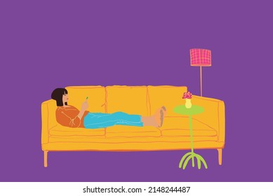 Woman using phone while relaxing on a couch at home. Vector illustration
