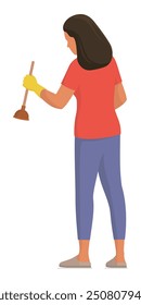 Frau mit Plunger, Rückansicht einzeln auf weißem Hintergrund