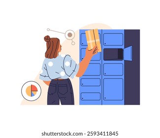 Woman using PO box at postal facility or mail center. Vector sign for receiving mail and parcel, correspondence. Mailing personal and delivery service. Package pickup or postal storage.