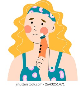 Mulher usando um aspirador de pó no rosto. Cuidados com a pele rotineiros para limpeza profunda, remoção de blackheads e minimização de poros. Ilustração de estilo plano representando ferramentas de beleza, autocuidado
