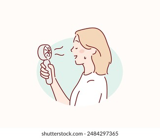 woman using portable fan in summer season. Hand drawn style vector design illustrations.