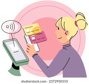Woman using pos terminal confirms payment using smartphone, Mobile cashless, online banking, money transaction. Online and mobile payments for web page, social media, documents, cards, posters