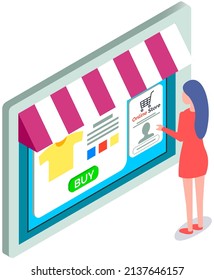 Woman using program for online shopping, Lady working with interface of online store on monitor. Female character selects clothes on website of shop. Girl makes purchases in Internet, ecommerce