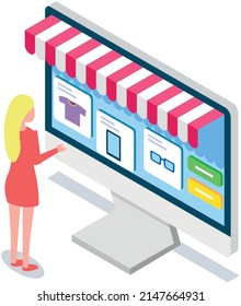 Mujer usando el programa para compras en línea, Lady trabajando con la interfaz de una tienda en línea en el monitor. Personaje femenino selecciona ropa en la página web de la tienda. Chica hace compras en Internet, ecommerce