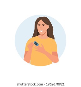 Woman using pulse oximeter device on finger.Pulse Oximeter with normal value. Digital device to measure oxygen saturation.  Vector illustration on white background
