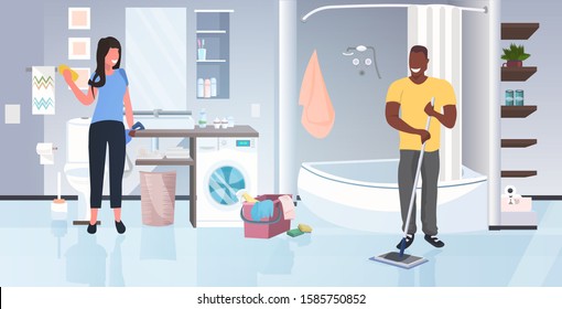 woman using rag man mopping floor mix race couple working together doing housework cleaning service concept modern bathroom interior horizontal full length vector illustration