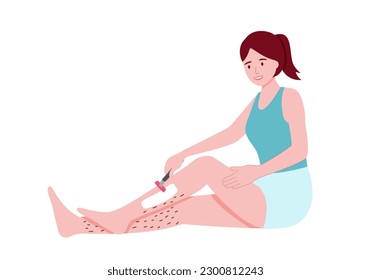 Woman using razor shaving hairy legs in flat design on white background.