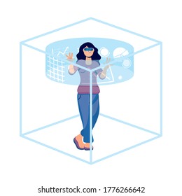 woman using reality virtual tech in interactive display vector illustration design