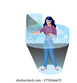 mujer usando tecnología virtual de realidad en diseño interactivo de ilustración vectorial