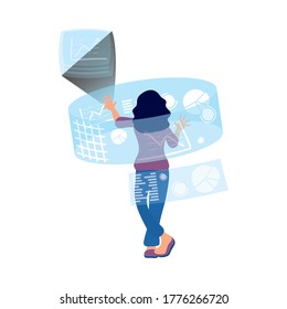 woman using reality virtual tech in interactive display vector illustration design