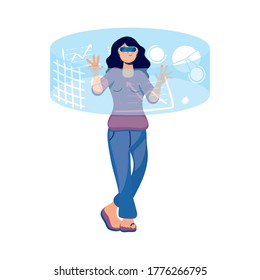 woman using reality virtual tech in interactive display vector illustration design