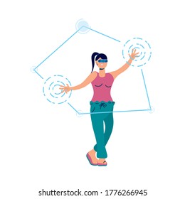 Frau, die die virtuelle Technologie der Realität nutzt, im interaktiven Vektorgrafik-Design