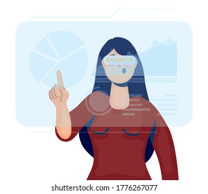 woman using reality virtual tech in interactive display vector illustration design