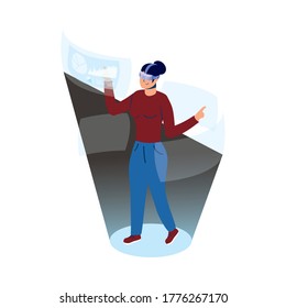 mujer usando tecnología virtual de realidad en diseño interactivo de ilustración vectorial