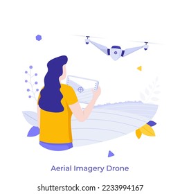 Woman using remote control and flying quadrotor. Concept of aerial photography or imagery drone, innovative hi-tech device for making photo. Modern flat vector illustration for banner, poster.