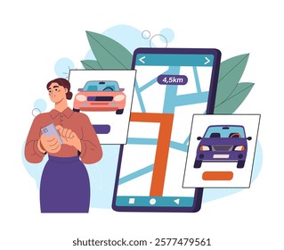 Woman using a ride-sharing app on her phone, selecting cars displayed on a smartphone screen with a map, in a modern and clean graphic style. Vector illustration