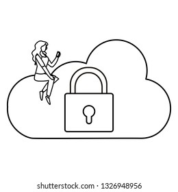 woman using safe secure padlock with cloud computing