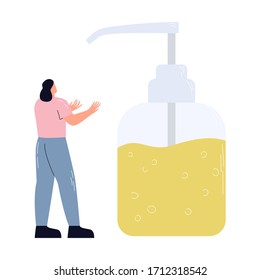 Woman using sanitizer. Woman standing near giant tank with sanitizer, Preventive measures, human protection from disease. Virus epidemic concept. Prevention concept. Flat vector illustration