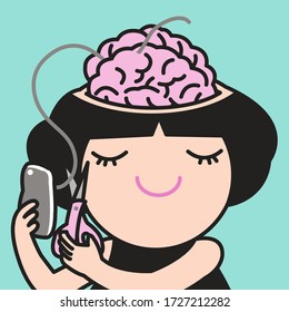 Woman Using Scissors Cut Off The Smartphone From Her Brain. Technology Addiction Treatment Concept Card Character illustration