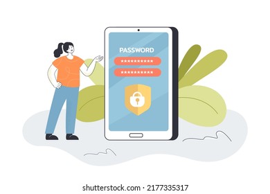 Mujer que usa acceso seguro con contraseña de aplicación móvil. Verificación segura de la ilustración de un vector plano de persona minúscula. Ciberseguridad, cuenta, concepto de privacidad para banner, diseño de sitios web o página web de aterrizaje