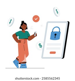 Woman Using Secure Mobile Banking In Flat Vector Illustration Symbolizing Digital Payments, Online Security, And Financial Management, Isolated On White Background
