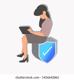 Woman using security tablet concept. Vector flat design illustration on white square layout.